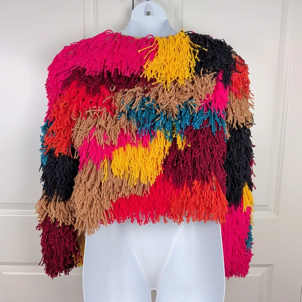 Alice + Olivia Fawn Rainbow Fringe Knit Jacket Shaggy Fringe Cardigan Festival